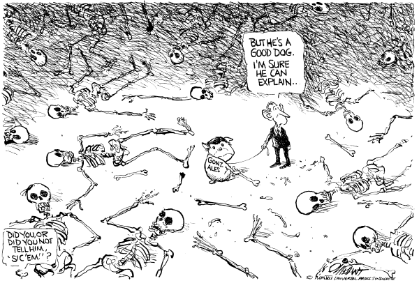 Editorial Cartoon by Pat Oliphant, Universal Press Syndicate on Bush: Gonzales Doing a Heck of a Job