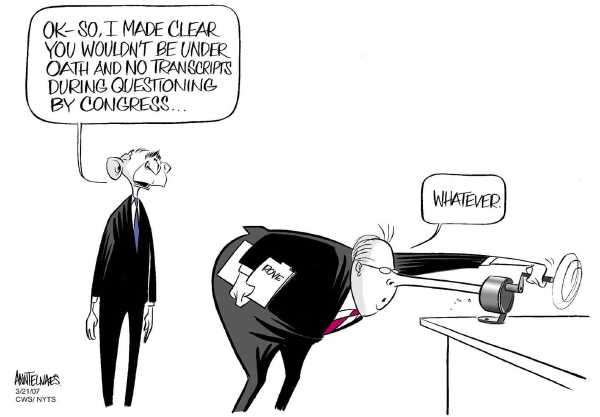 Editorial Cartoon by Ann Telnaes, CWS/CartoonArts Intl. on Bush: Gonzales Doing a Heck of a Job
