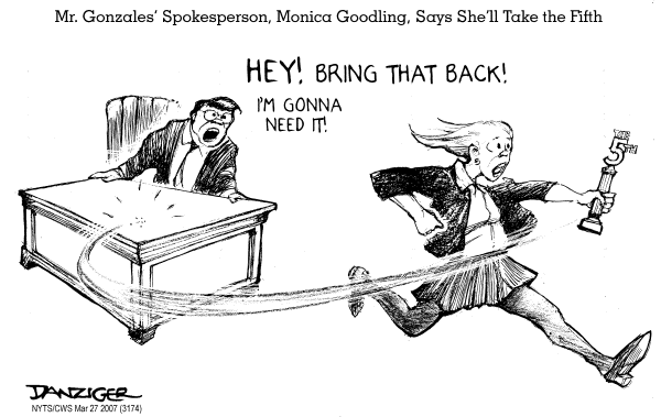Editorial Cartoon by Jeff Danziger, CWS/CartoonArts Intl. on Bush: Gonzales Doing a Heck of a Job