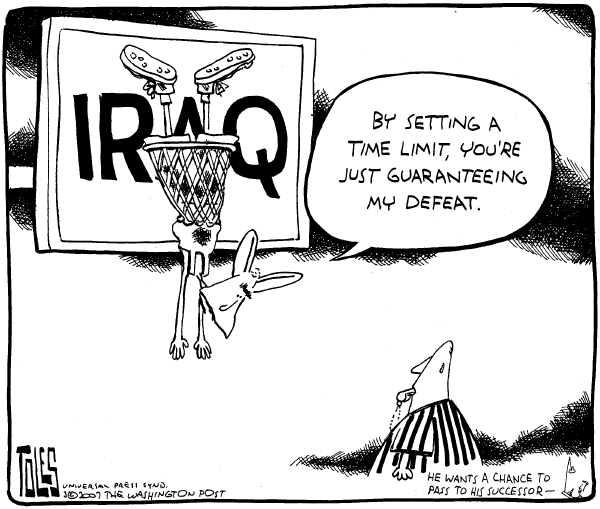 Editorial Cartoon by Tom Toles, Washington Post on Congress Sets Iraq War Timetable