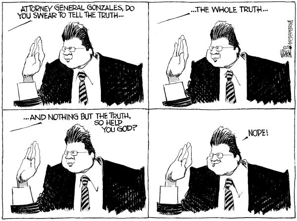 Editorial Cartoon by Don Wright, Palm Beach Post on Gonzales Prepares to Testify