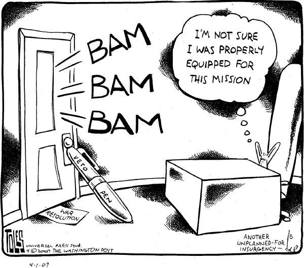 Editorial Cartoon by Tom Toles, Washington Post on Democrats Confront Bush on War