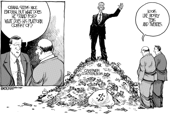 Editorial Cartoon by Drew Sheneman, Newark Star Ledger on Obama Fundraising Startles Party