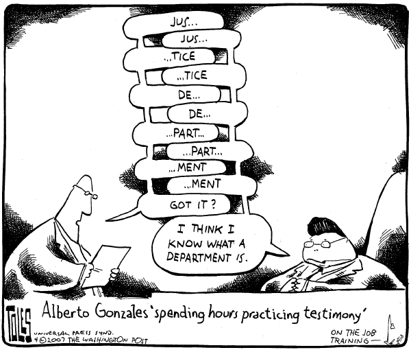 Editorial Cartoon by Tom Toles, Washington Post on Attorney General Ready to Testify