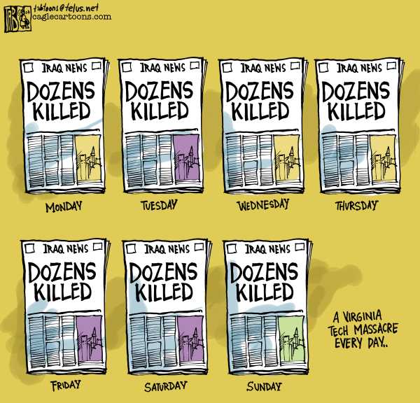 Editorial Cartoon by Tab (Thomas Boldt), Calgary Sun on Gunmen Kill Scores in Iraq