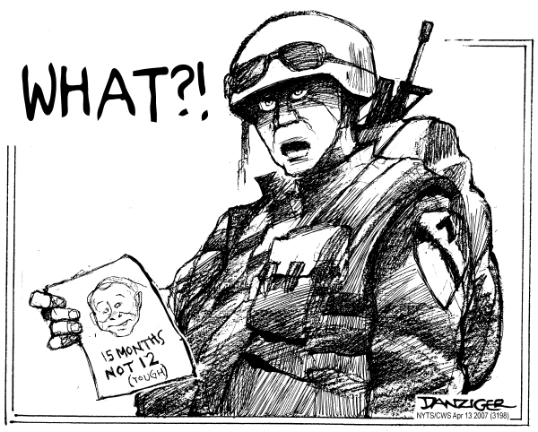 Editorial Cartoon by Jeff Danziger, CWS/CartoonArts Intl. on Iraq Tours Extended for US Troops