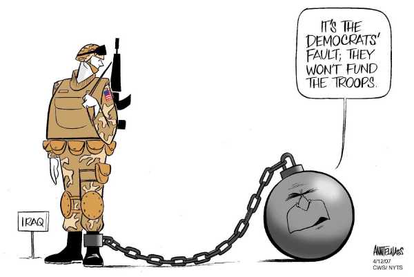 Editorial Cartoon by Ann Telnaes, CWS/CartoonArts Intl. on Iraq Tours Extended for US Troops