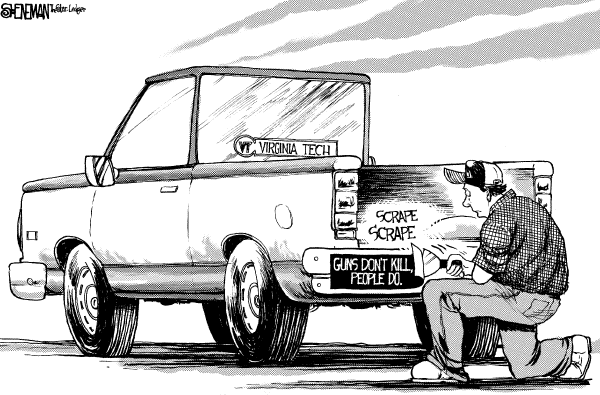Editorial Cartoon by Drew Sheneman, Newark Star Ledger on Gunman Kills 32 at Virginia Tech