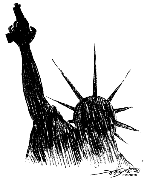 Editorial Cartoon by Sakai, Kagoshima Pref., Japan on Gunman Kills 32 at Virginia Tech
