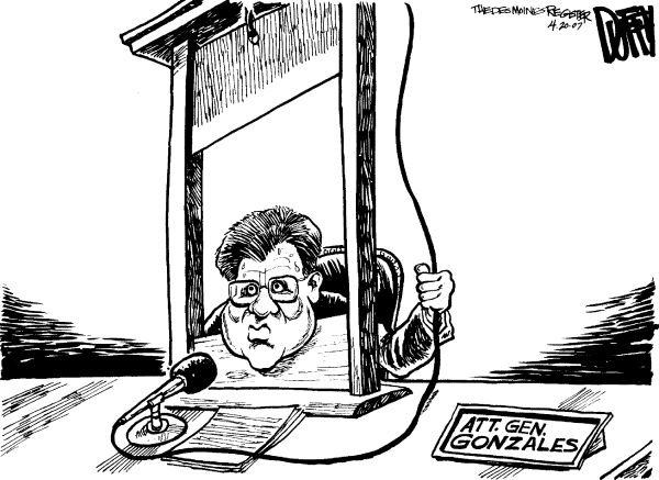 Editorial Cartoon by Brian Duffy, Des Moines Register on Gonzales’ Testimony Impresses Bush