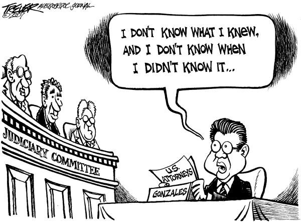 Editorial Cartoon by John Trevor, Albuquerque Journal on Gonzales’ Testimony Impresses Bush