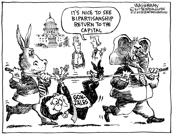 Editorial Cartoon by Dan Wasserman, Boston Globe on Gonzales’ Testimony Impresses Bush