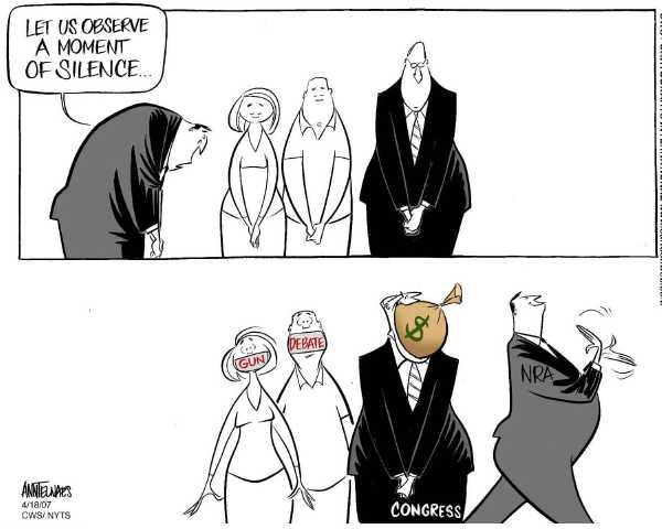 Editorial Cartoon by Ann Telnaes, CWS/CartoonArts Intl. on Questions Remain Regarding Shootings