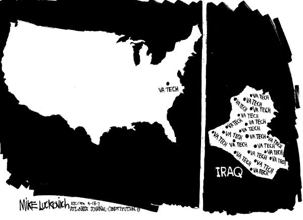 Editorial Cartoon by Mike Luckovich, Atlanta Journal-Constitution on Questions Remain Regarding Shootings