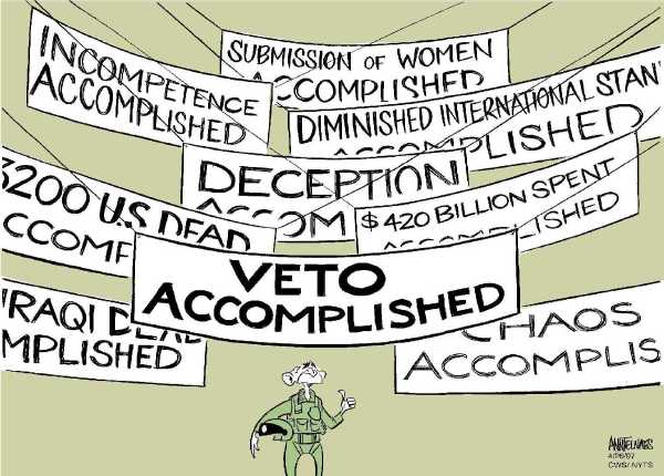Editorial Cartoon by Ann Telnaes, CWS/CartoonArts Intl. on Bush Celebrates “Mission Accomplished” Anniversary