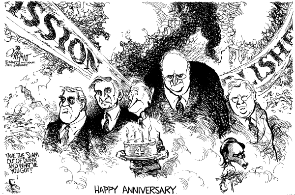 Editorial Cartoon by Pat Oliphant, Universal Press Syndicate on Bush Celebrates “Mission Accomplished” Anniversary
