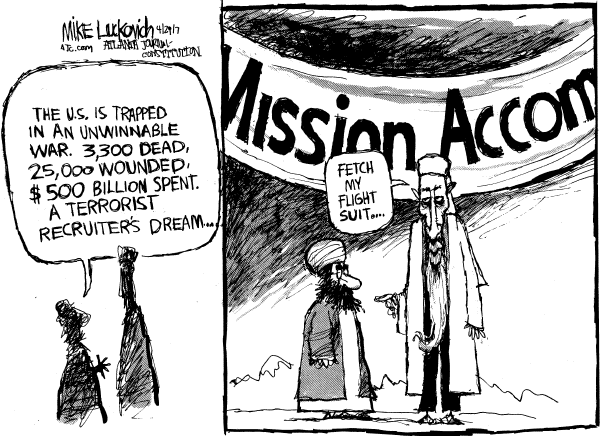 Editorial Cartoon by Mike Luckovich, Atlanta Journal-Constitution on Bush Celebrates “Mission Accomplished” Anniversary