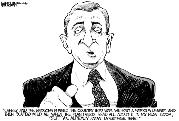 Editorial Cartoon by Drew Sheneman, Newark Star Ledger on Former CIA Director Blasts Bush