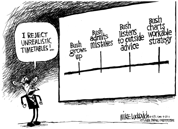 Editorial Cartoon by Mike Luckovich, Atlanta Journal-Constitution on Bush Vetoes Bill to End War