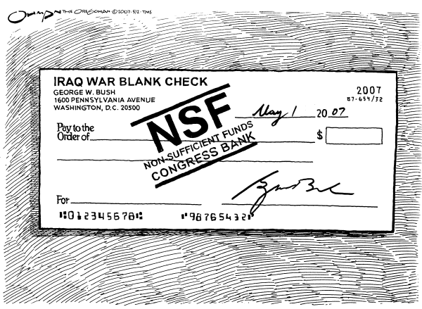 Editorial Cartoon by Jack Ohman, The Oregonian on Bush Vetoes Bill to End War