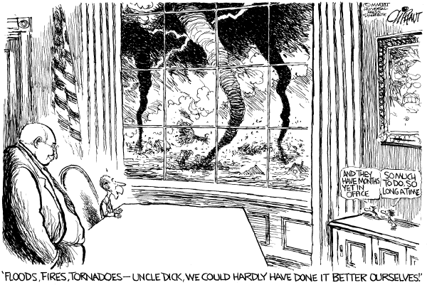 Editorial Cartoon by Pat Oliphant, Universal Press Syndicate on Disaster Strikes Homeland