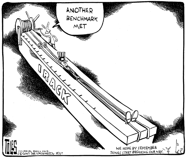 Editorial Cartoon by Tom Toles, Washington Post on Surge Working, Bush Says