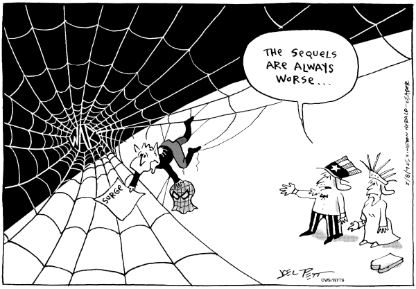 Editorial Cartoon by Joel Pett, Lexington Herald-Leader, CWS/CartoonArts Intl. on Surge Working, Bush Says