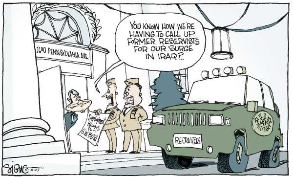 Editorial Cartoon by Signe Wilkinson, Philadelphia Daily News on Surge Working, Bush Says