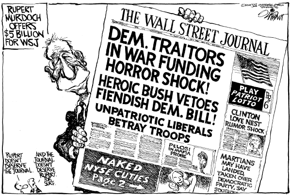Editorial Cartoon by Pat Oliphant, Universal Press Syndicate on Murdoch Pursues Wall Street Journal