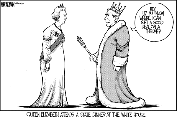 Editorial Cartoon by Drew Sheneman, Newark Star Ledger on Queen Visits US