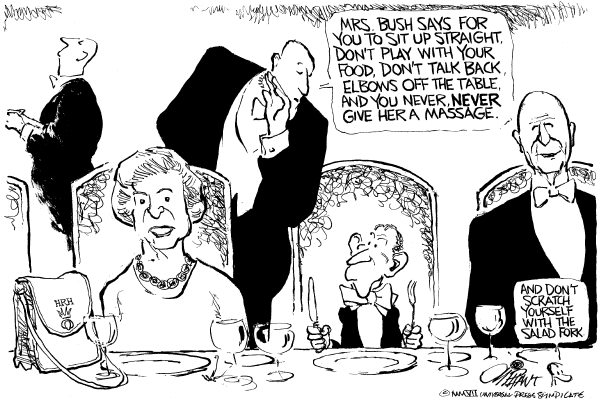 Editorial Cartoon by Pat Oliphant, Universal Press Syndicate on Queen Visits US