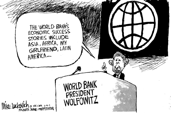 Editorial Cartoon by Mike Luckovich, Atlanta Journal-Constitution on Pressure Mounts on Wolfowitz