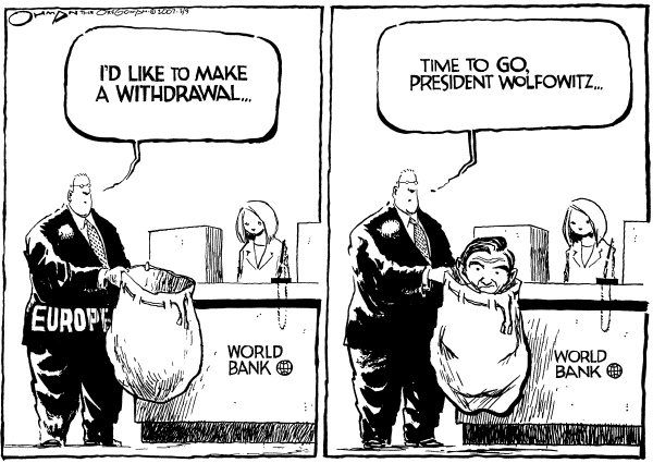 Editorial Cartoon by Jack Ohman, The Oregonian on Pressure Mounts on Wolfowitz