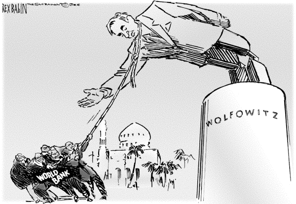 Editorial Cartoon by Rex Babin, Sacramento Bee on Pressure Mounts on Wolfowitz
