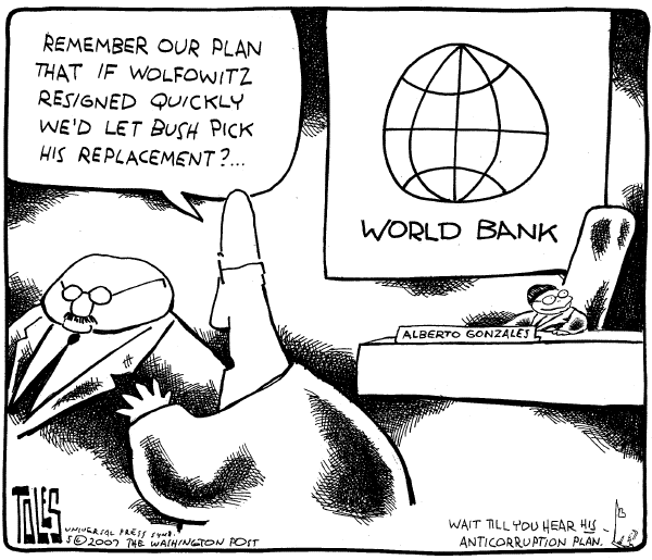 Editorial Cartoon by Tom Toles, Washington Post on Pressure Mounts on Wolfowitz