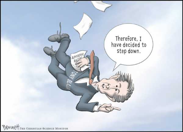 Editorial Cartoon by Clay Bennett, Christian Science Monitor on Blair to Step Down