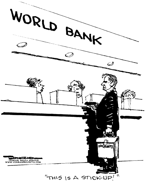 Editorial Cartoon by Paul Conrad, Tribune Media Services on Wolfowitz Determined to Stay
