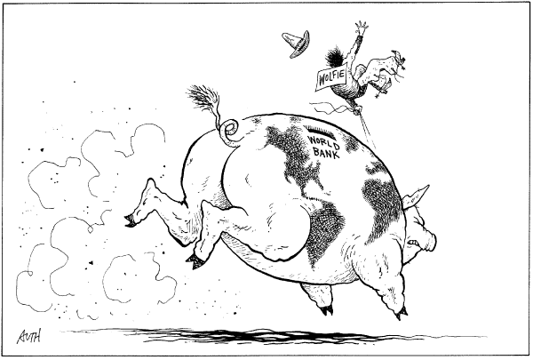 Editorial Cartoon by Tony Auth, Philadelphia Inquirer on Wolfowitz Determined to Stay