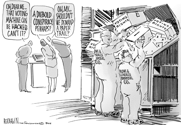 Editorial Cartoon by Rex Babin, Sacramento Bee on Bush: No Confidence Vote “Political Theater”