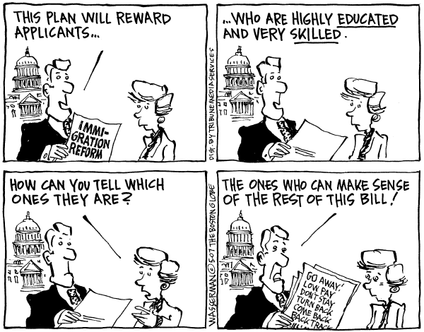 Editorial Cartoon by Dan Wasserman, Boston Globe on Questions Remain on Immigration Bill