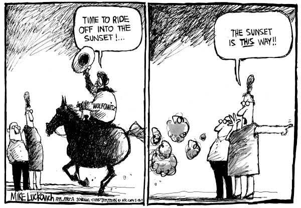 Editorial Cartoon by Mike Luckovich, Atlanta Journal-Constitution on Wolfowitz Steps Down, Gets Bonus