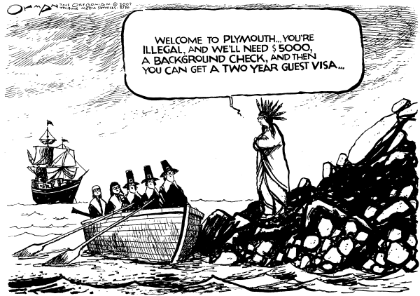 Editorial Cartoon by Jack Ohman, The Oregonian on Immigration Bill Raises Questions