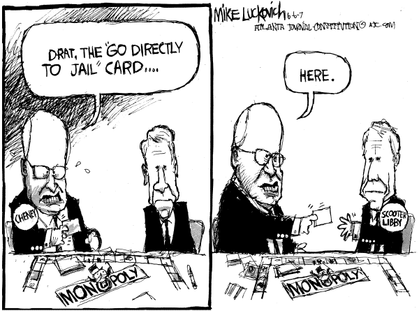 Editorial Cartoon by Mike Luckovich, Atlanta Journal-Constitution on Libby Gets 2-1/2 Years