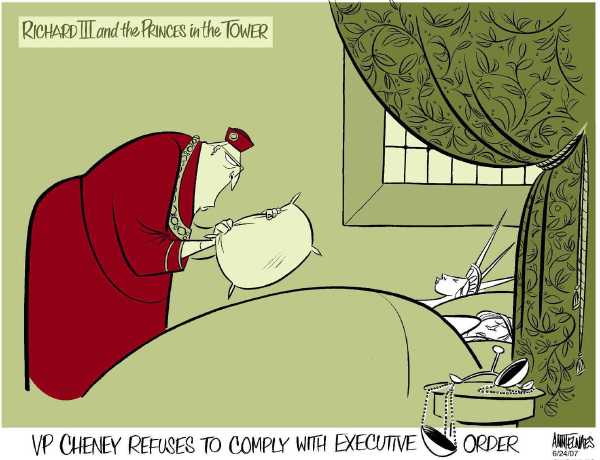 Editorial Cartoon by Ann Telnaes, CWS/CartoonArts Intl. on Cheney Asserts He Holds Special Place