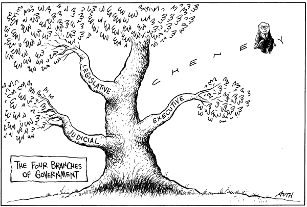 Editorial Cartoon by Tony Auth, Philadelphia Inquirer on Cheney Asserts He Holds Special Place