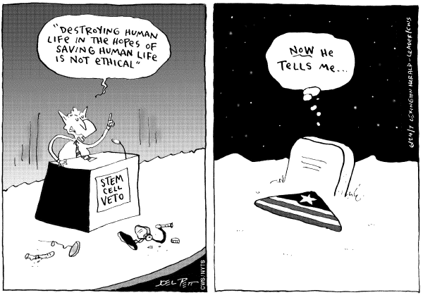 Editorial Cartoon by Joel Pett, Lexington Herald-Leader, CWS/CartoonArts Intl. on Bush Vetoes Stem Cell Bill