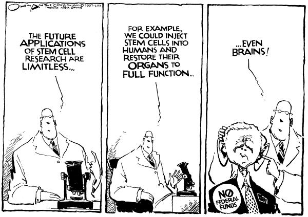 Editorial Cartoon by Jack Ohman, The Oregonian on Bush Vetoes Stem Cell Bill