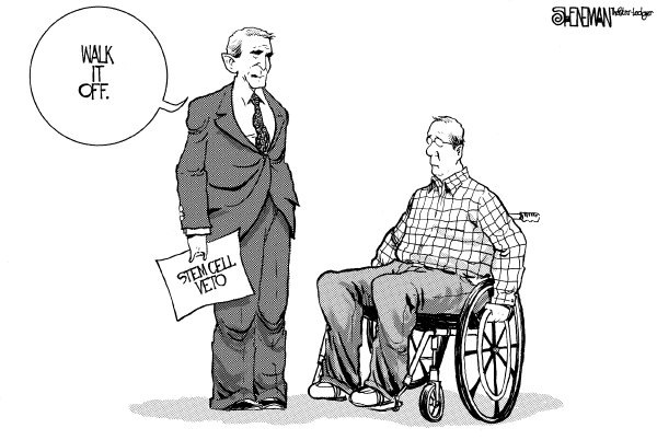 Editorial Cartoon by Drew Sheneman, Newark Star Ledger on Bush Vetoes Stem Cell Bill