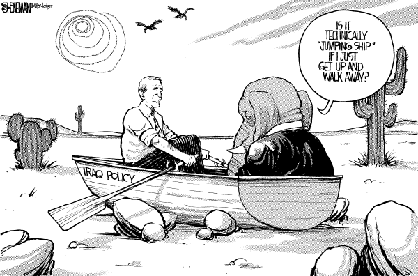 Editorial Cartoon by Drew Sheneman, Newark Star Ledger on Bush Cites Progress in Iraq