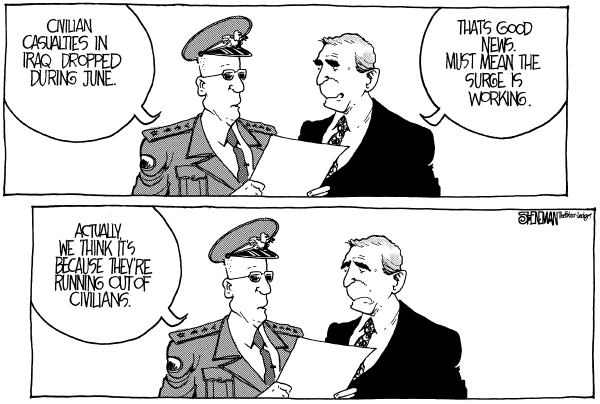 Editorial Cartoon by Drew Sheneman, Newark Star Ledger on Bush Cites Progress in Iraq